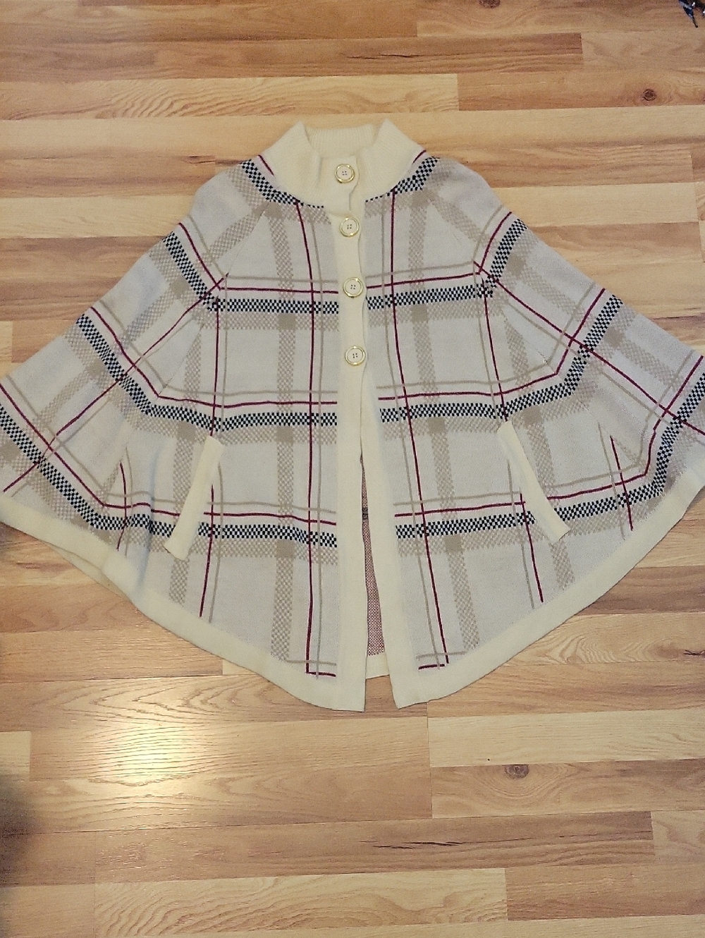 Cream Plaid Button-Front Cape with Contrast Trim